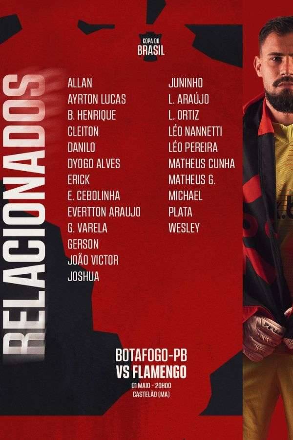 Relacionados do Flamengo para o jogo contra o Botafogo-PB