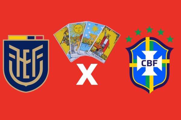 Arte com escudos de Equador x Brasil