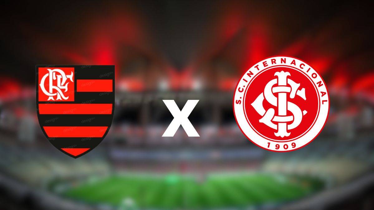 Arte de Flamengo x Internacional com escudos dos times e Maracanãm de fundo